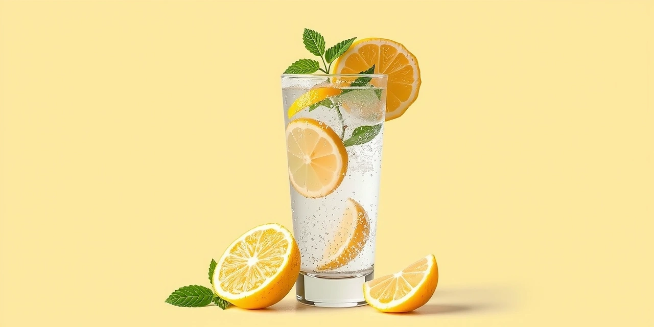 Vaso de agua fresca con rodajas de limón y menta