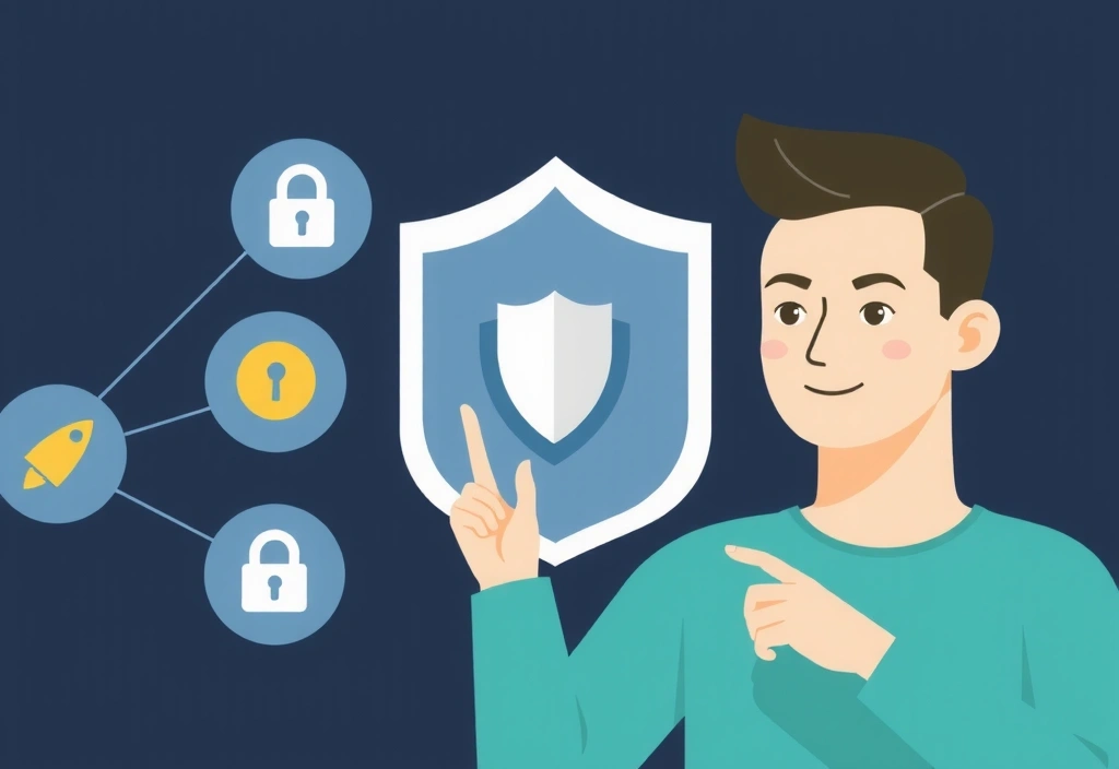 Ilustración de una persona interactuando con datos digitales seguros, con iconos de privacidad y un escudo protector