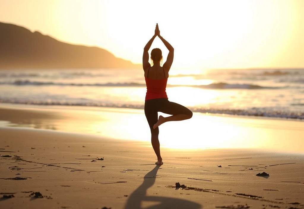 Persona realizando estiramientos suaves al amanecer en la playa