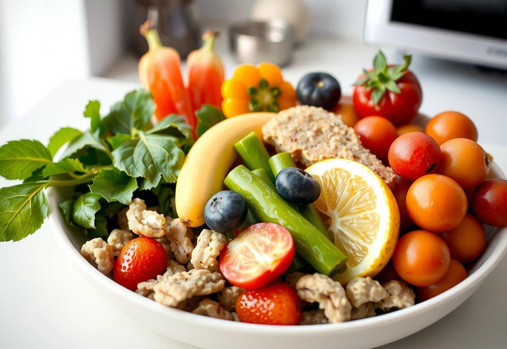 Plato con comida saludable, frutas y verduras frescas
