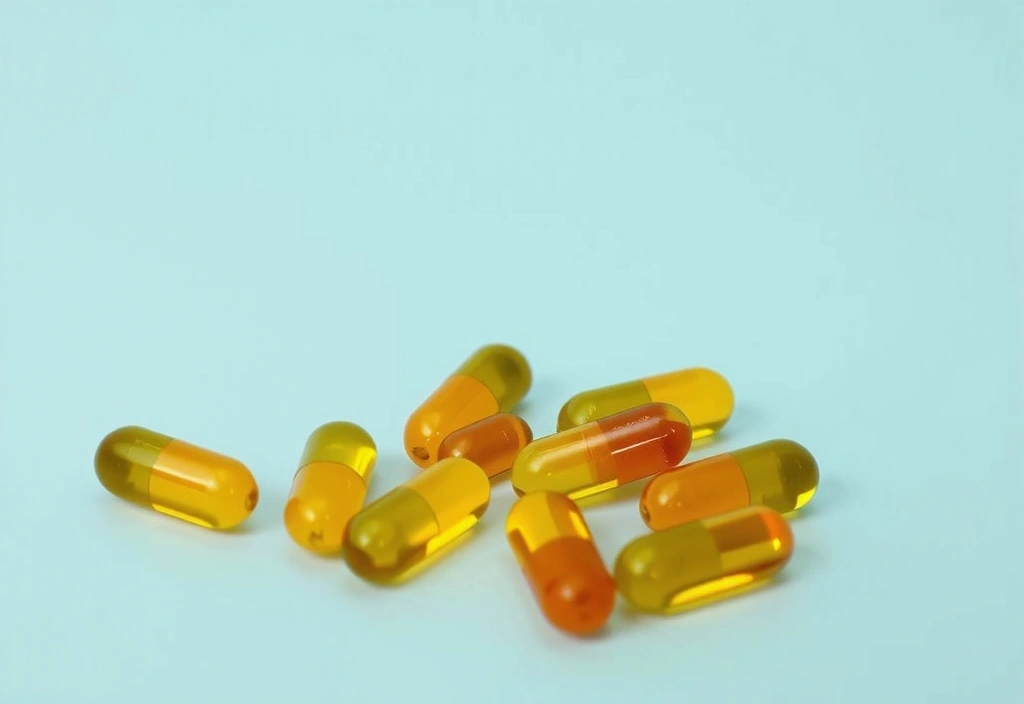 Cápsulas de aceite de pescado dorado sobre un fondo azul suave, con un enfoque nítido en las cápsulas.