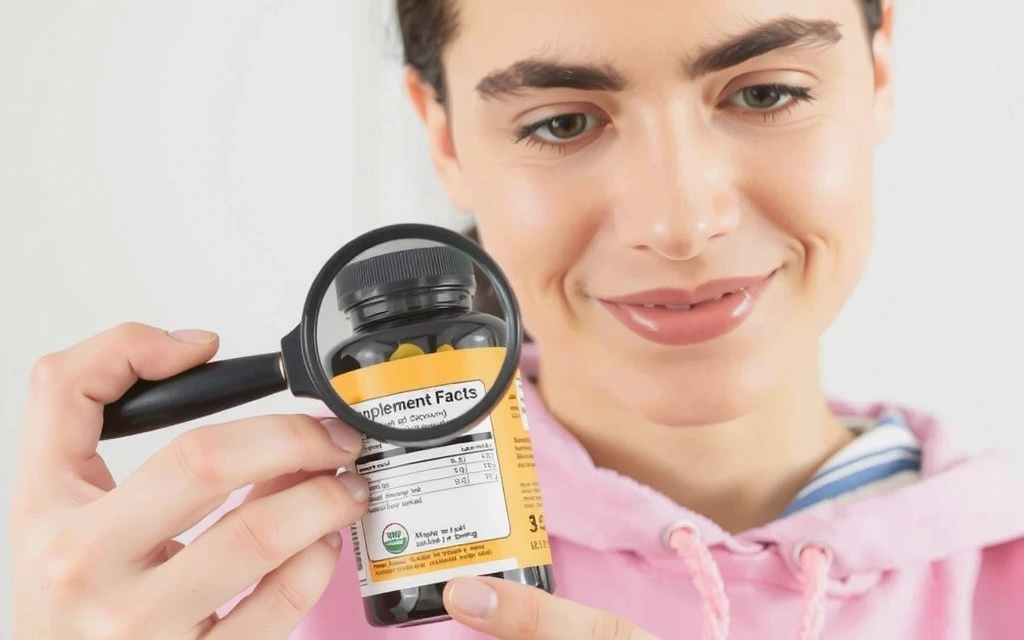 Una persona examinando detenidamente la etiqueta de una botella de suplemento con una lupa, resaltando la importancia de leer los detalles.