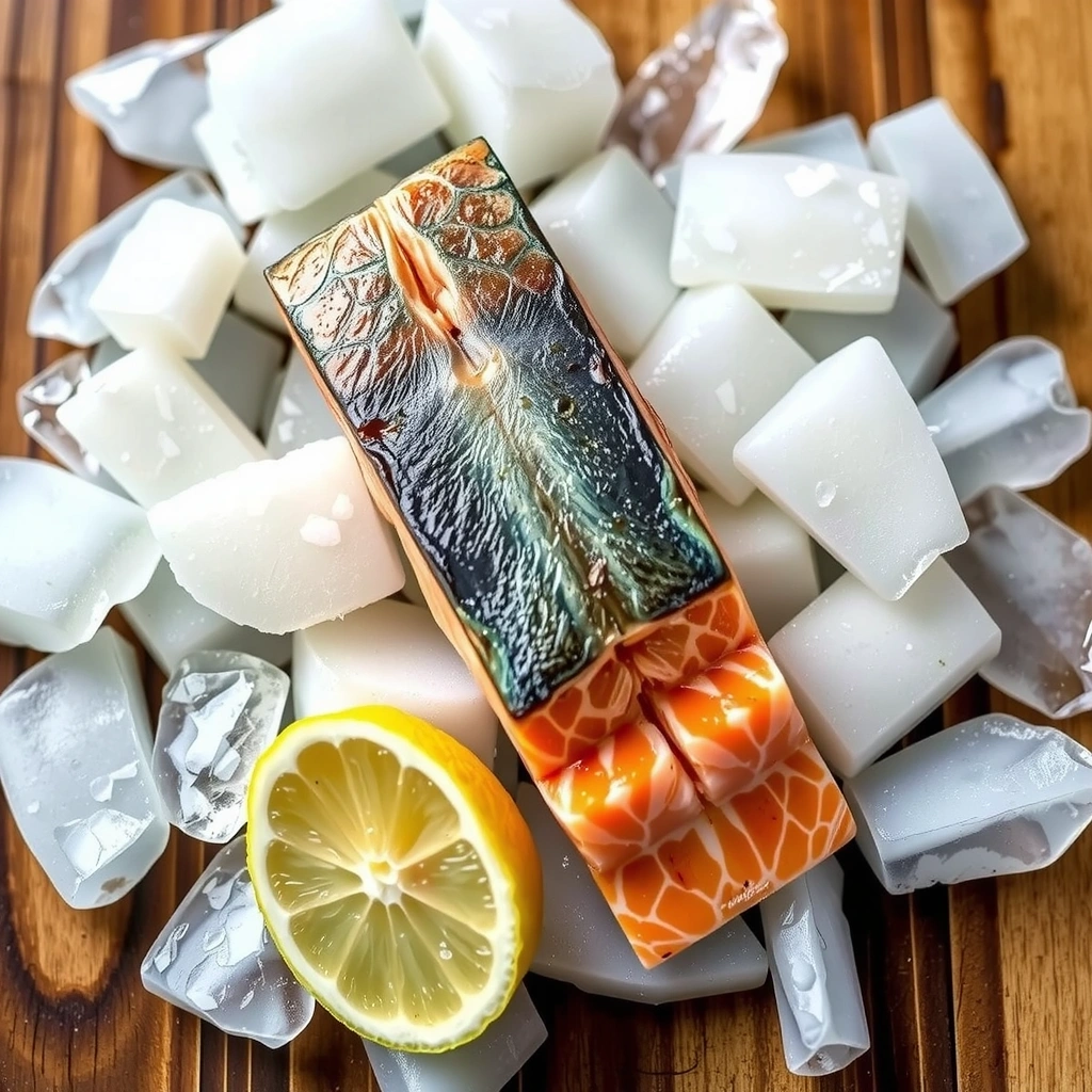 Pescado fresco (salmón) en un lecho de hielo con limón.