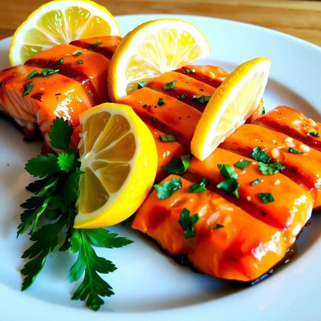 Un plato de salmón a la parrilla con hierbas frescas y limón.