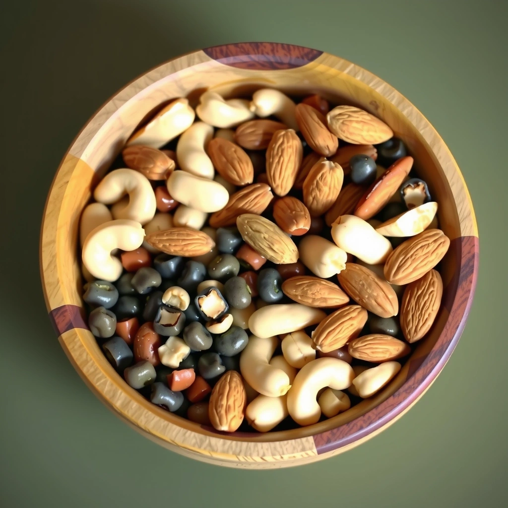 Un plato con varios tipos de legumbres y nueces, como lentejas, garbanzos y almendras.