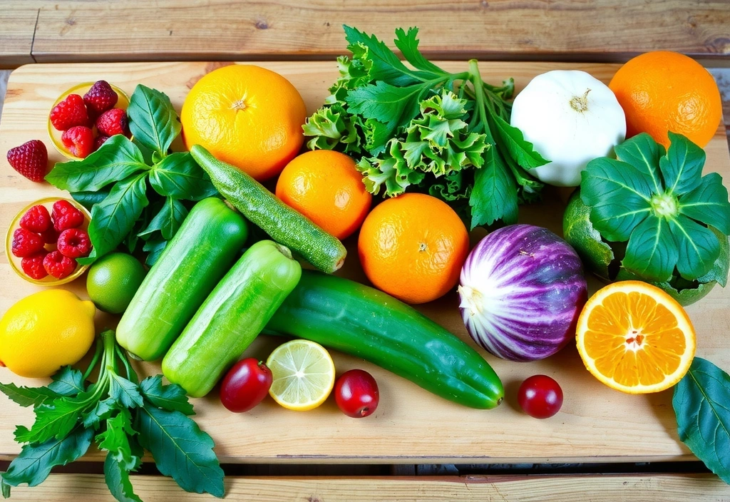 Variedad de frutas y verduras frescas, coloridas y orgánicas, simbolizando fuentes naturales de vitaminas.